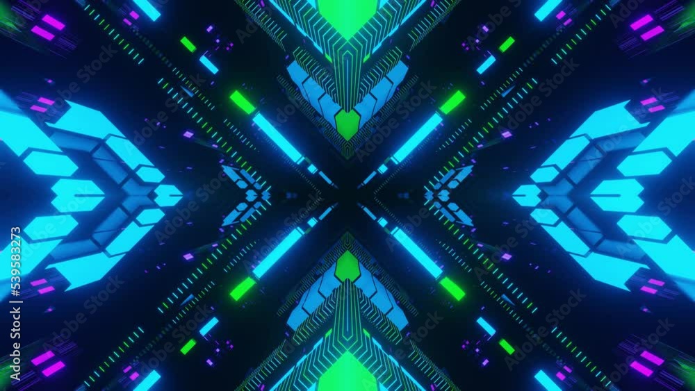 Poster fly through symmetrical technology cyberspace with neon glow. sci-fi flight through hi-tech technolo