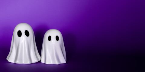 Two funny White Ghosts Halloween decor on a purple background