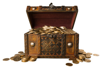 Open vintage treasure chest filled with gold coins