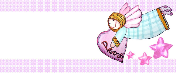 Banner con angioletto e stelle  con cornice a fantasia viola, spazio bianco per testo