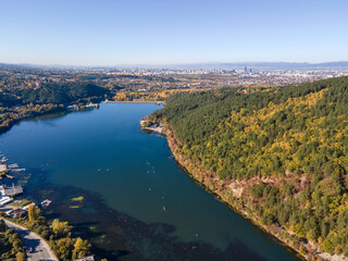 Fototapeta na wymiar Aerial Autumn view of Pancharevo lake, Bulgaria