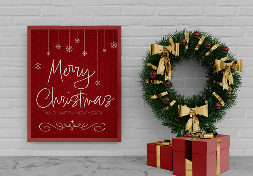 Vertical Frame and Holiday Decorations Mockup