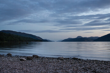 Loch Ness at dusk from Dores Beach in Inverness, Scottish Highlands