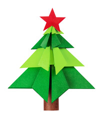 Green origami christmas tree isolated on white background