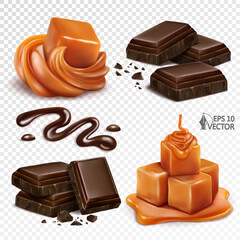 Realistic vector set with chocolate slices and crumbs. Liquid caramel syrup. Toffee cream and candies. 3d illustration