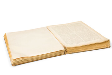 Opened old book isolated on white