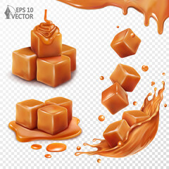 3D realistic vector set of a caramel pieces falling into a crown splash . Melting caramel slice in liquid sauce. Dripping caramel and toffee candies - obrazy, fototapety, plakaty