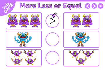 Math educational game Choose more, less or equal. Learning counting and algebra kids activity. Vector illustration of cartoon monsters.