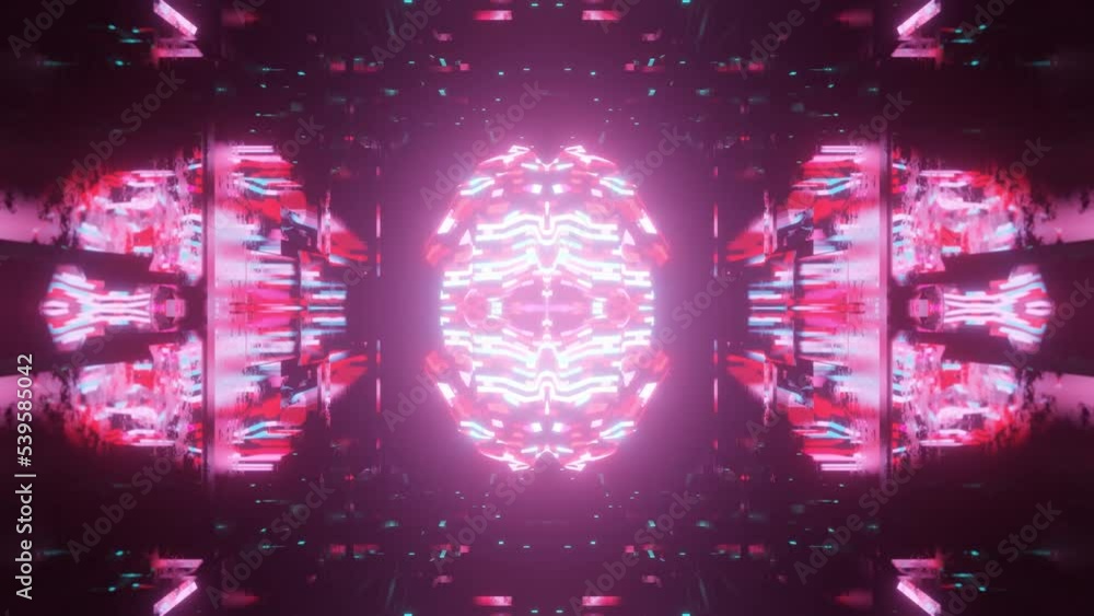 Poster symmetrical 3d object or structure rotates and moves inside glass mirror tunnel with neon light, bri