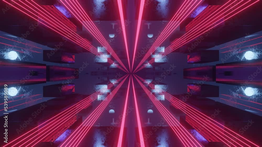 Aufkleber fly through symmetrical technology cyberspace with neon glow. sci-fi flight through hi-tech technolo
