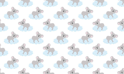 Cute koala sleeping on cloud seamless pattern. Australian bear character background. Baby bedclothes, scrapbooking or wrapping paper, fabric kids design. Vector cartoon illustration