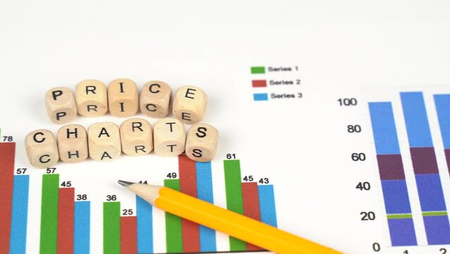 Business concept. Moving the camera from business diagrams to cubes with the inscription - Price Charts