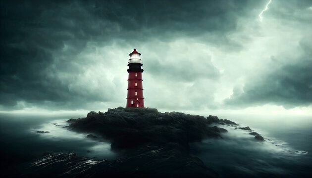 Lighthouse On A Rocky Shore In a Storm - Lightning Striking over the coastline.