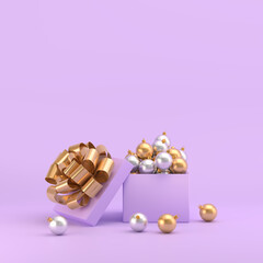 Abstract background. Open gift with toys for the Christmas tree. Template and copy space for text. 3d illustration.