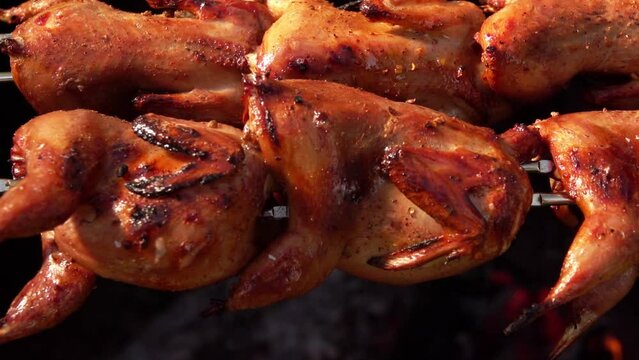 Close-up panorama of grilled quails on the skewer rotated above the open fire