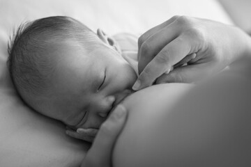 A mother cradling and breastfeeding her newborn baby milk. Infancy care.