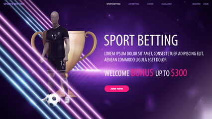 Sports betting, purple banner with diagonal pink and blue line neon lamps, soccer player and champion cup