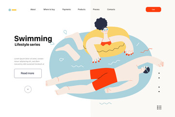 Lifestyle website template - Swimming - modern flat vector illustration of a man and a woman swimming in the pool. People activities concept