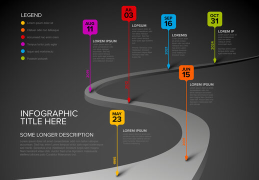 Dark Infographic Road Timeline Layout with Droplet Pointers