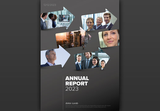 Dark Annual Report Front Cover Page Layout with Photo Arrow Masks