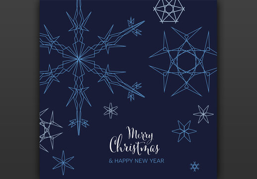 Winter Christmas Card Layout Layout with Geometry Blue Snowflakes on Dark Blue Background