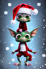 Cute Baby Christmas Gremlin standing on head of another Christmas Dragon with Santa outifts on.