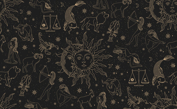 Seamless pattern with zodiac signs. Realistic illustration of zodiac signs. Horoscope vector illustration. Astrological sky pattern. Trend print 
