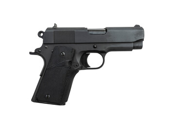 Black 45 caliber semi automatic hand gun isolated.