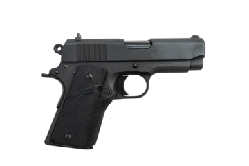 Black 45 caliber semi automatic hand gun isolated.