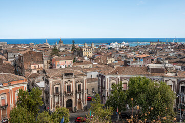 Fototapeta na wymiar Aerial panorama of Catania with the port in the background