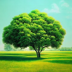 Obraz premium Big tree on a meadow against the blue sky with lush grass, 3d illustration
