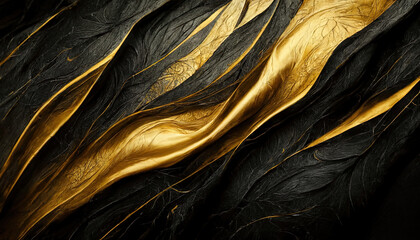 Marble gold wavy textures. Luxury abstract flowing surfaces. Black marble. Obsidian color, 3d illustration
