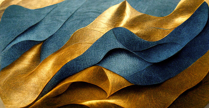 Blue textile and gold background, luxury backdrop, abstract design, 3D illustration