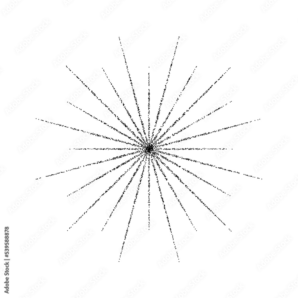 Poster Dotted grain star with beams. Black stipple ray sparkle. Textured flare shape. Abstract burst explosion. Halftone noise spark. Stochastic figure. 