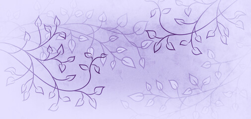 Floral leaves background in pastel purple, spring flower pattern of ivy vines on border in cute doodle sketch or drawing, old vintage texture