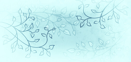 Fototapeta na wymiar Floral leaves background in pastel blue, spring flower pattern of ivy vines on border in cute doodle sketch or drawing, old vintage texture