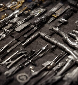 3D illustration of various not clearly recognizable or strange tool parts