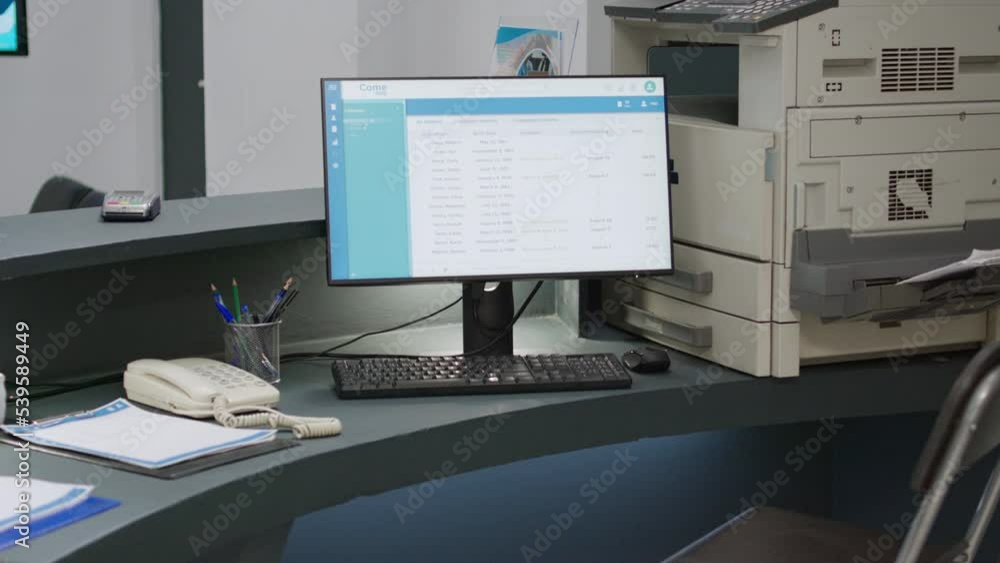 Poster empty hospital reception desk with checkup forms and reports, medicare appointments on computer and 