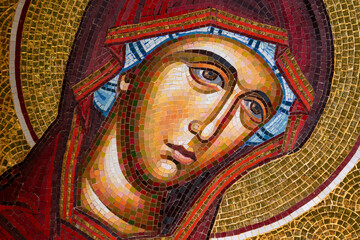 Detail of byzantine or orthodox mosaic icon depicting the head of Virgin Mary. Great for Easter needs. - obrazy, fototapety, plakaty