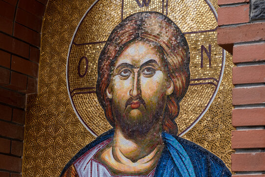 Detail of byzantine or orthodox mosaic icon depicting the head of Jesus Christ. Great for Easter needs.