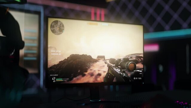 Playing With Sniper Rifle In Online Combat Shooter Simulator. Video Game Online Mode. Losing Online Combat Match. Military War Simulator. Online Gameplay. Combat Weapons. Defeat In Warfare Simulator