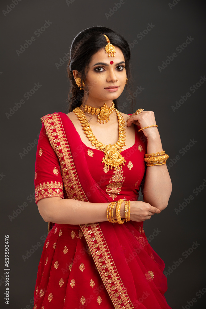 Canvas Prints pretty indian young hindu bride against grey background.