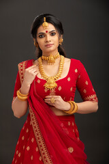 Pretty Indian young Hindu Bride against grey background.