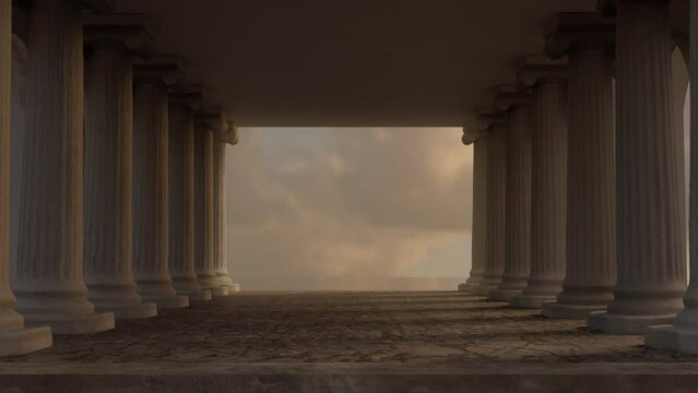 Wide hall with ionic columns and view to beautiful sky