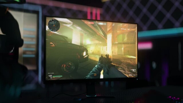 Playing Internet Multiplayer Shooter Computer Game To Win E-Sports Tournament. Achieving Victory In Internet Game Mode By Defusing Bomb. Video Game Play. Military Game. Playing Internet Match. Soldier