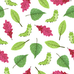 Сaterpillars and leaves seamless pattern. Vector watercolor illustration with cute worms.