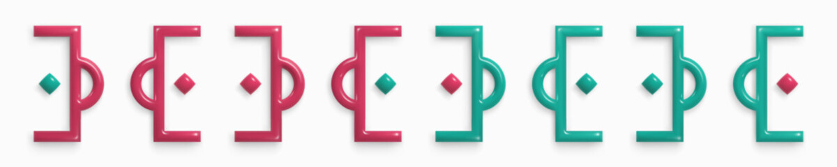 Soccer Goalposts in red and turquoise color. 3D cartoon design elements in a glossy plastic. For design of games, competitions, ads, banners, flyers. Icons isolated on white. 3d Vector illustration