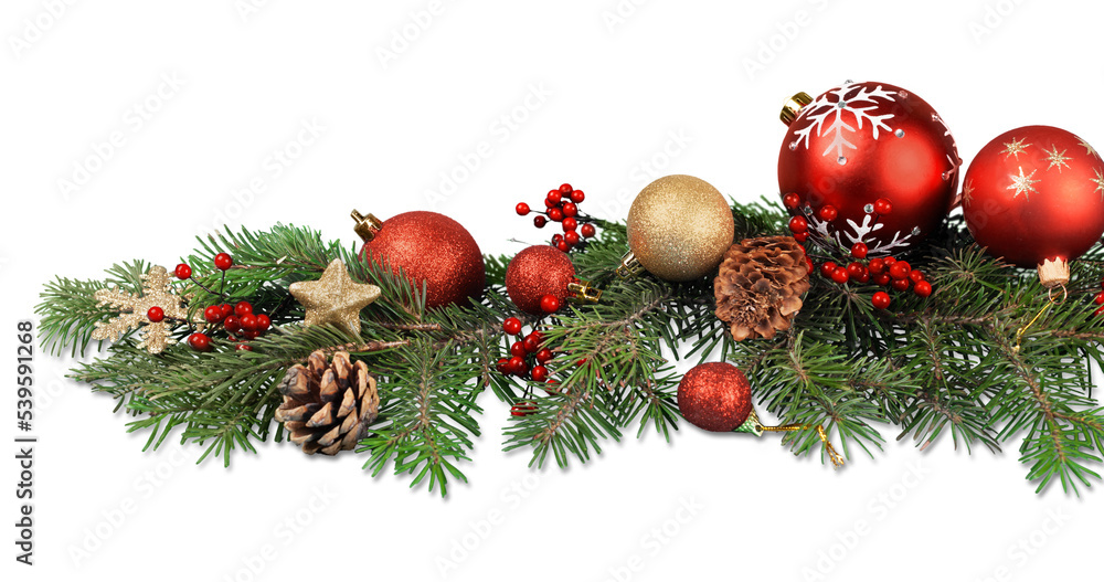 Poster Christmas toys on fir tree branch , isolated on white