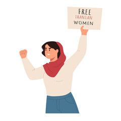 Protesting iranian woman in hijab with poster. 