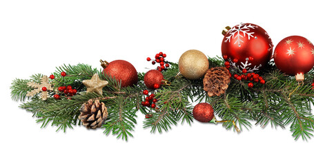 Christmas toys on fir tree branch , isolated on white